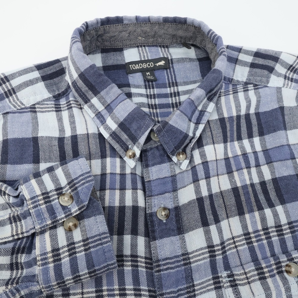 TOAD&CO Mens Flannel Shirt Size M Blue Plaid Long Sleeve‎ Button Up Casual FLAWS